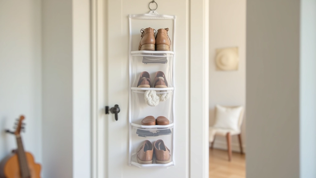 Entryway closet door with over-the-door shoe organizer storing sneakers, shoes, and accessories neatly in clear pockets