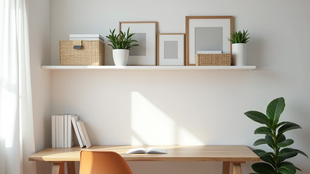 Wall-mounted shelving system in bedroom above desk showing storage for books, decorative boxes, and personal items organized neatly