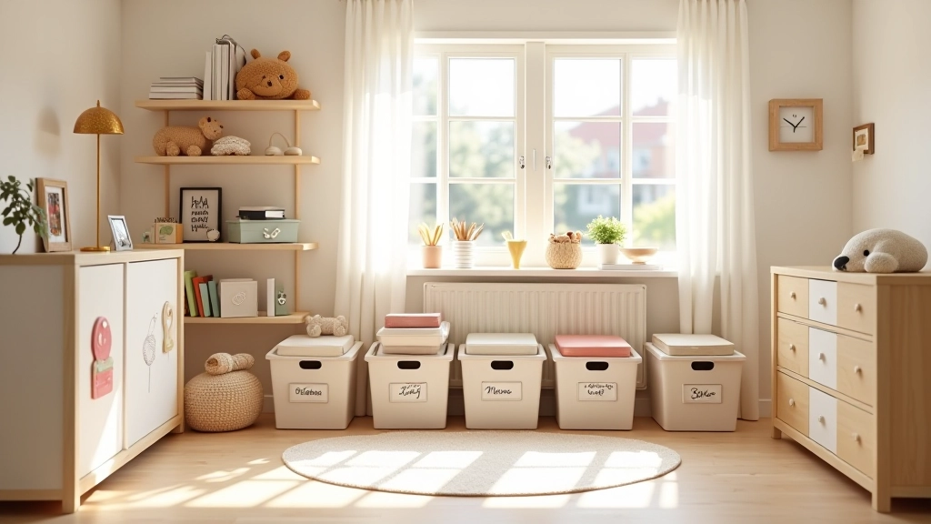 Child's bedroom with organized toy storage and functional layout