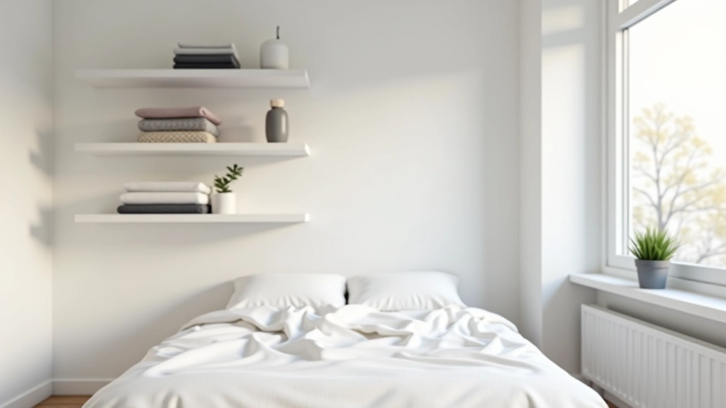 Organized bedroom with neat storage, white shelving unit, and minimalist furniture arrangement showing functional home design