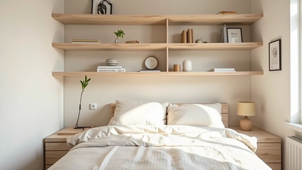 Small apartment bedroom maximizing vertical space with floor-to-ceiling shelving, light color palette, strategic mirror placement, minimal floor furniture, bright natural light from single window