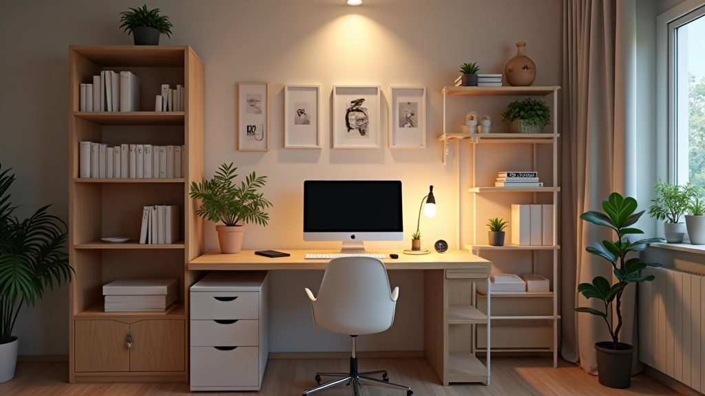 Home office workspace with organized desk and storage