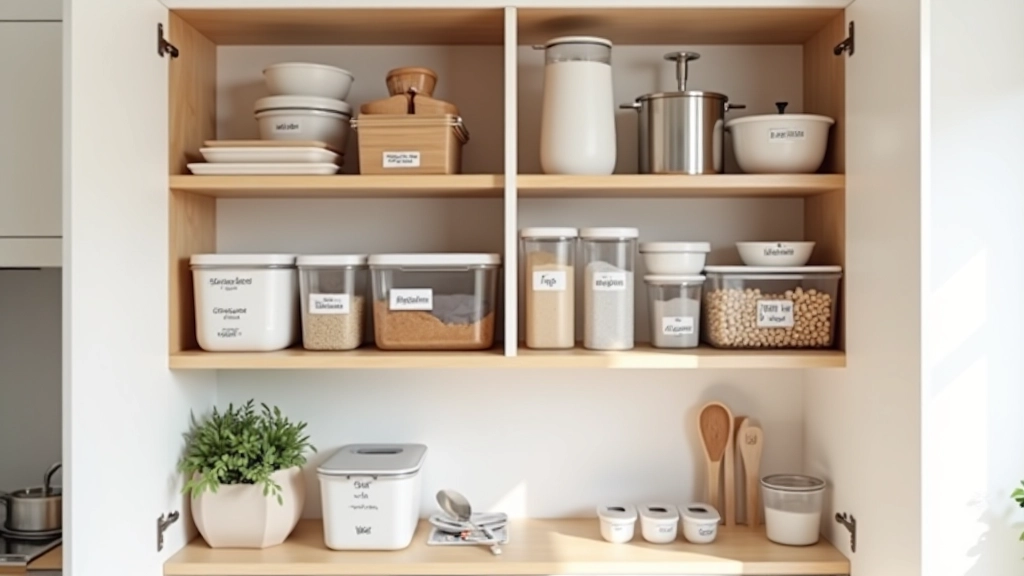 Kitchen cabinet interior showing organized zones with labeled containers, grouped cooking supplies, and efficient shelf arrangement for meal preparation