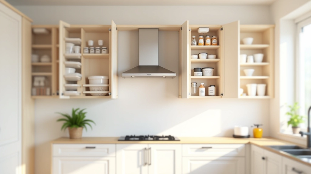 Kitchen cabinet doors with hanging organizers, shelves with labeled containers, and door-mounted storage showing vertical space utilization in small kitchen