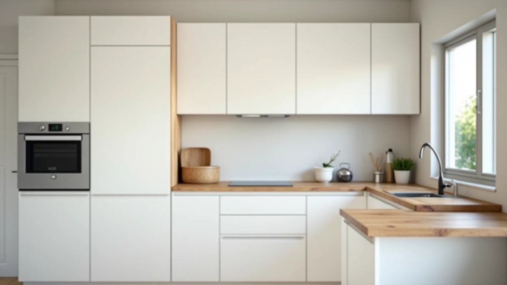 Modern kitchen workspace with organized cabinets, labeled containers, and efficient counter layout showing functional storage organization
