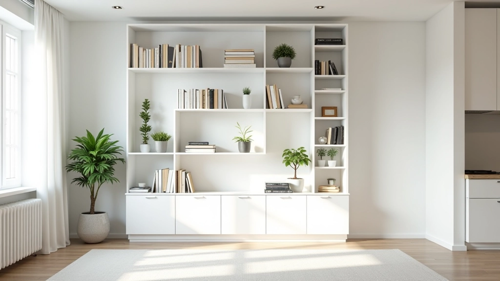 Modern small apartment living room with floor-to-ceiling shelving units displaying books and decorative items, minimalist Scandinavian style
