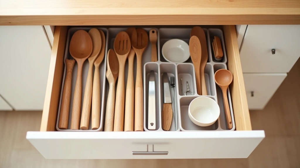 Kitchen drawer with dividers showing organized utensils, knives, cooking tools, and kitchen gadgets neatly arranged in separate compartments