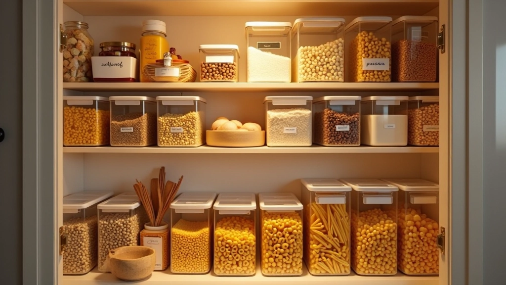 Pantry shelving system with labeled containers, organized dry goods, visible expiration dates, and clear storage bins showing efficient inventory management