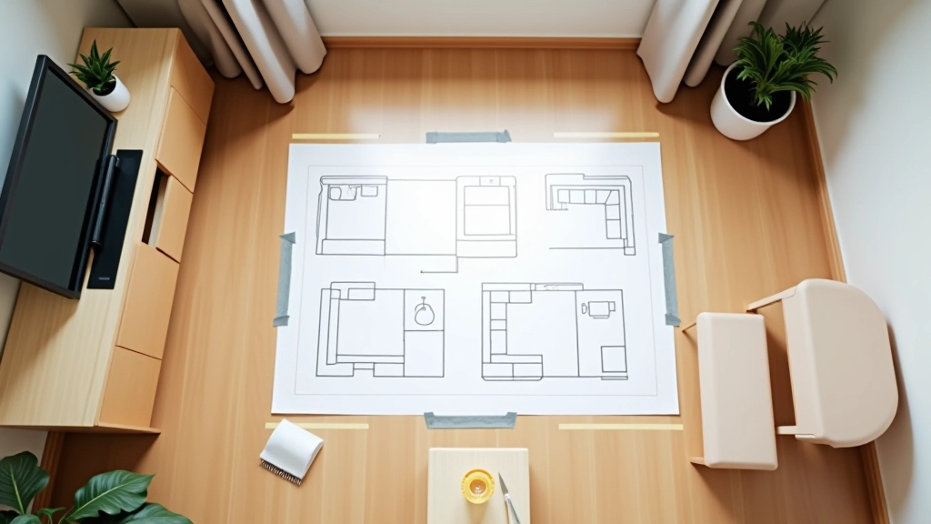 Overhead view of well-planned room layout with furniture placement marked on floor using tape, blueprint and measurements visible, organized arrangement with clear traffic paths and functional zones