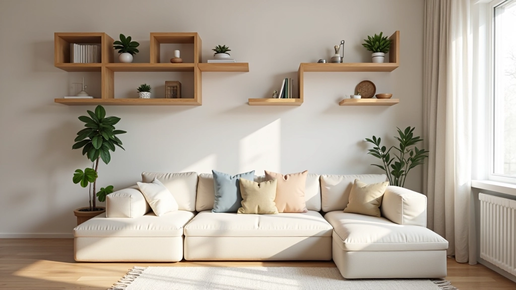 Small apartment living room with clever vertical storage solutions, wall-mounted shelves, and furniture that maximizes usable space