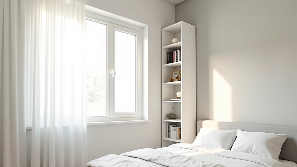 Tall narrow bookcase next to window in small bedroom showing how vertical furniture maximizes storage in minimal floor space