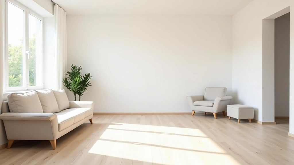 Spacious living room with clear pathways between furniture, light wood flooring, and open sightlines from entrance to windows, minimal clutter and organized arrangement