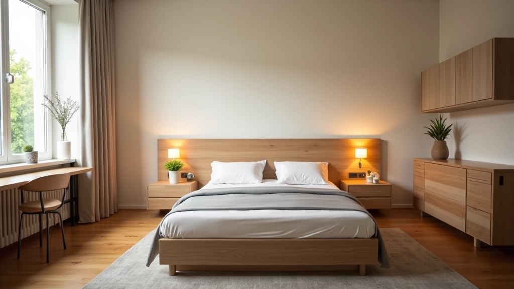 Bedroom with bed positioned to view the door, nightstands on both sides, desk in corner with good natural light, furniture arranged symmetrically for visual balance and function