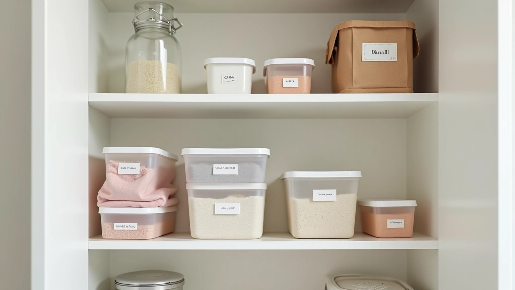 Before and after comparison showing cluttered closet shelf transitioning to neatly organized items with clear containers and labeled sections