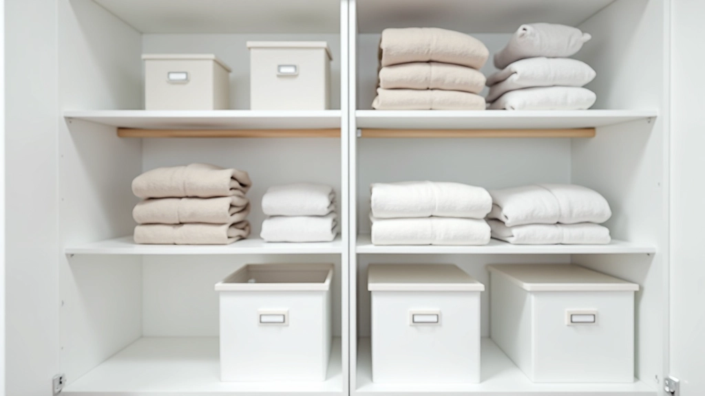 Organized closet shelves with neatly stacked clothes, matching storage boxes, and labeled containers showing efficient vertical storage system