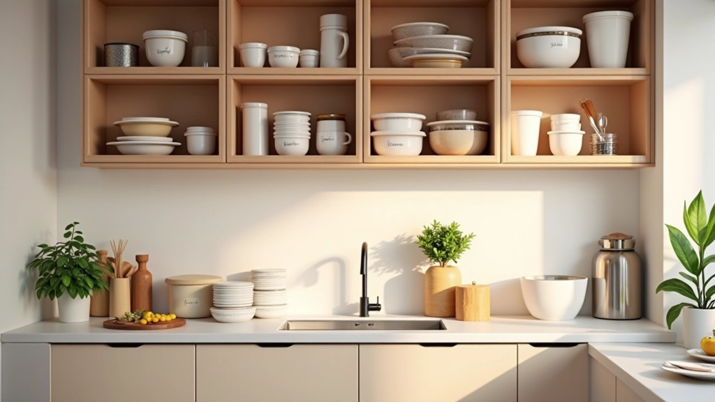 Well-organized kitchen interior with labeled containers, organized pantry shelves, and efficient storage systems